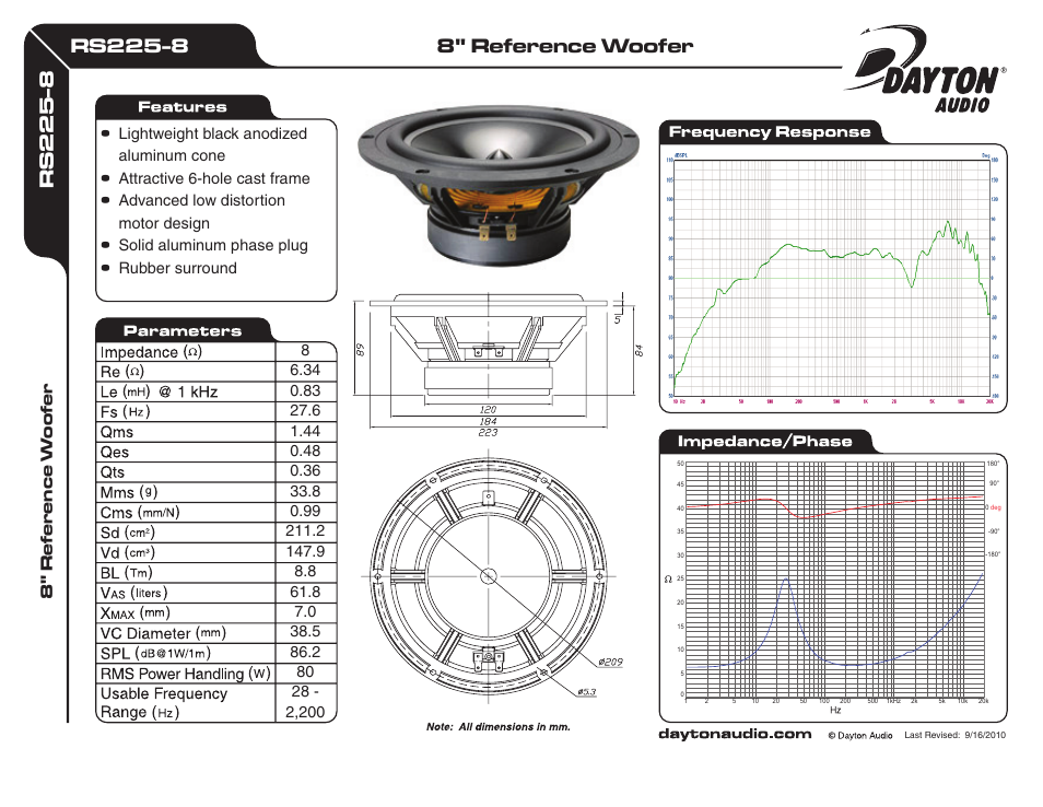 Dayton Audio RS225-8 8" Reference Woofer 8 Ohm User Manual | 1 page
