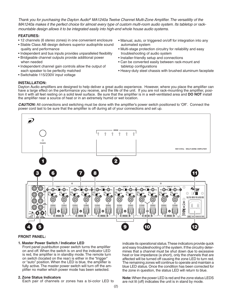 Dayton Audio MA1240a Multi-Zone 12 Channel Amplifier User Manual | Page 2 / 4