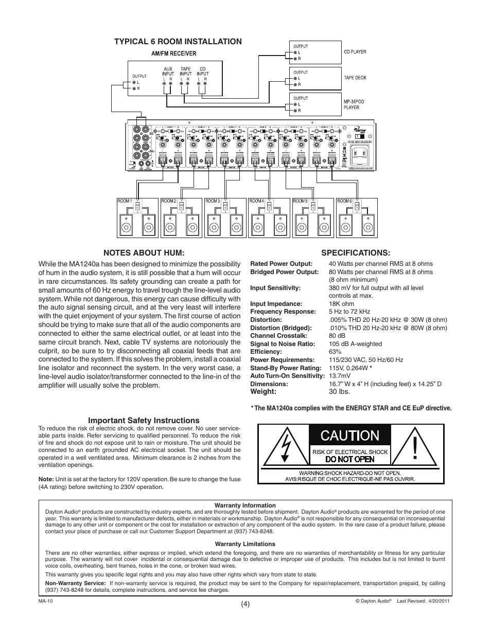 Specifications | Dayton Audio MA1240a Multi-Zone 12 Channel Amplifier User Manual | Page 4 / 4