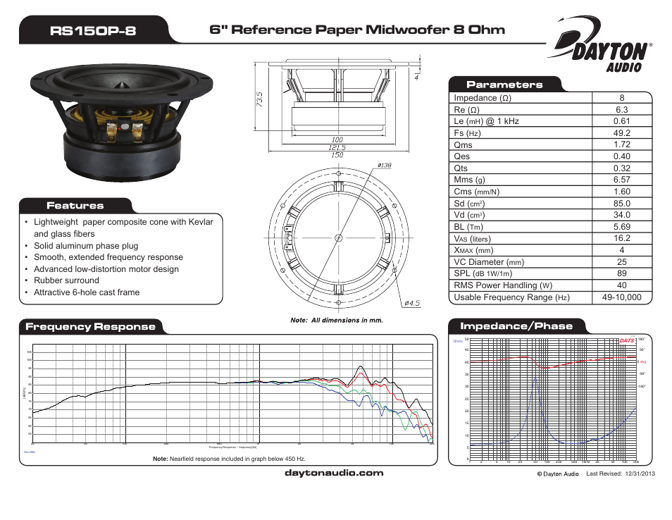 Dayton Audio RS150P-8 6" Reference Paper Woofer 8 Ohm User Manual | 1 page