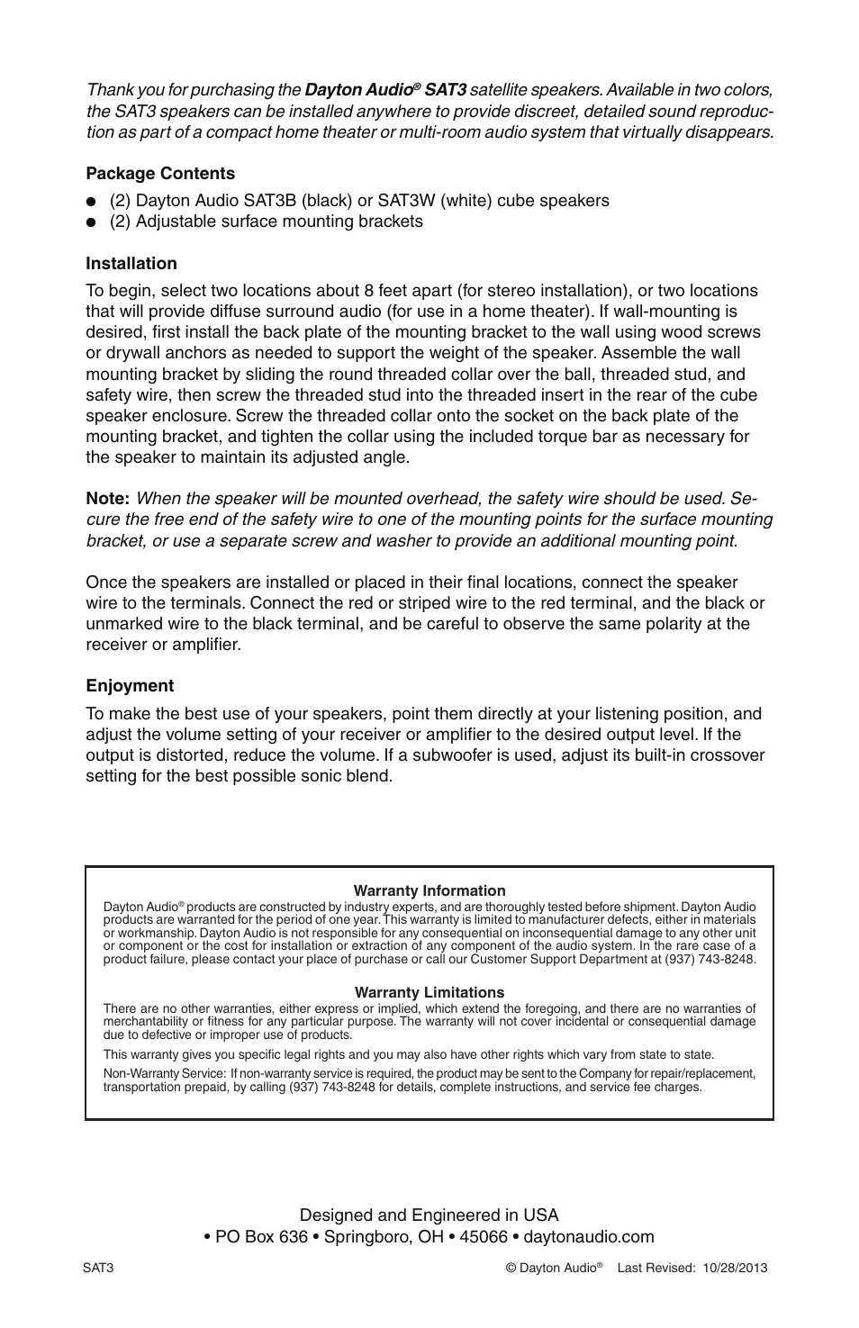 Dayton Audio SAT3W 3.5" Cube Speaker Pair White User Manual | Page 2 / 2