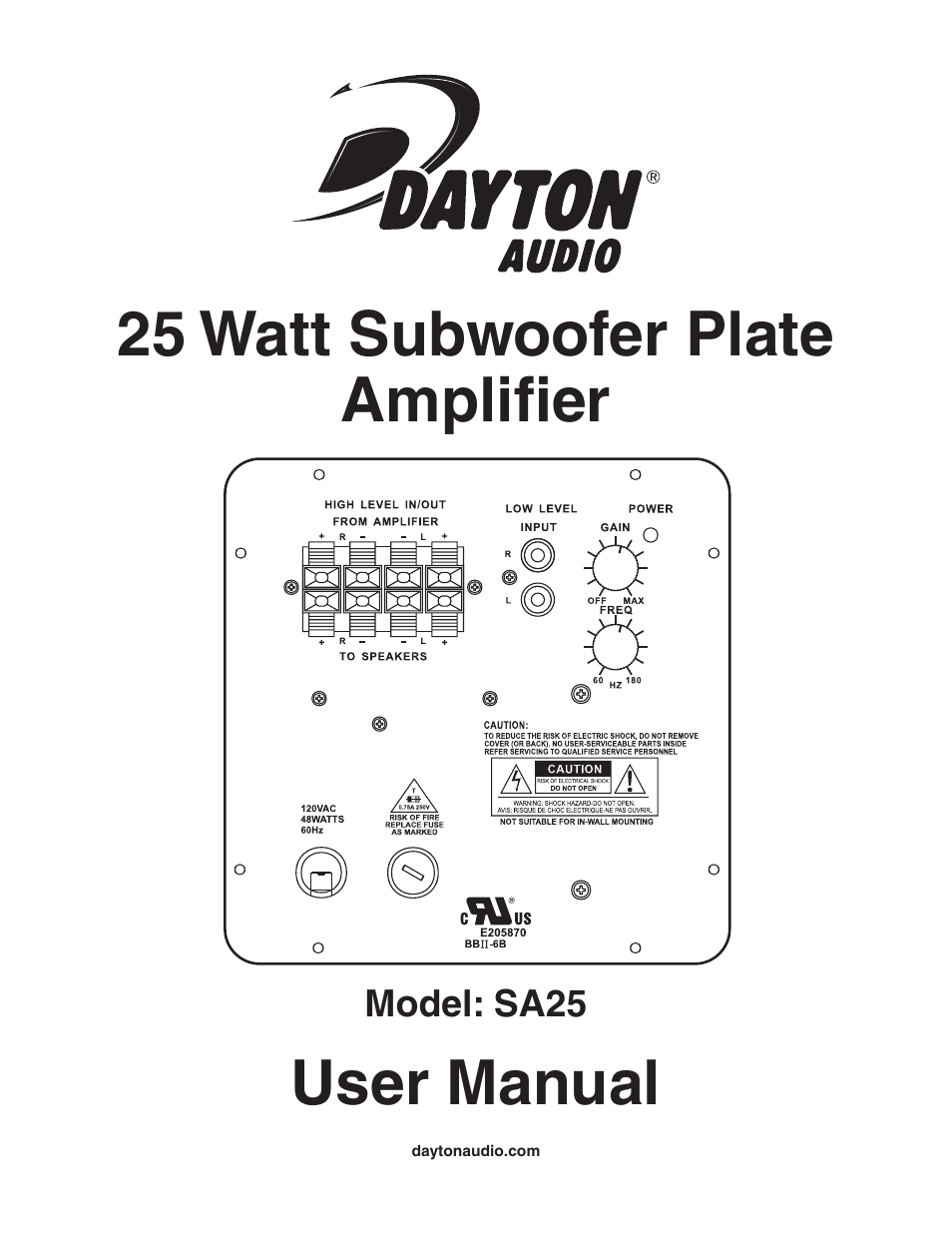 Dayton Audio SA25 25W Subwoofer Plate Amplifier User Manual | 4 pages