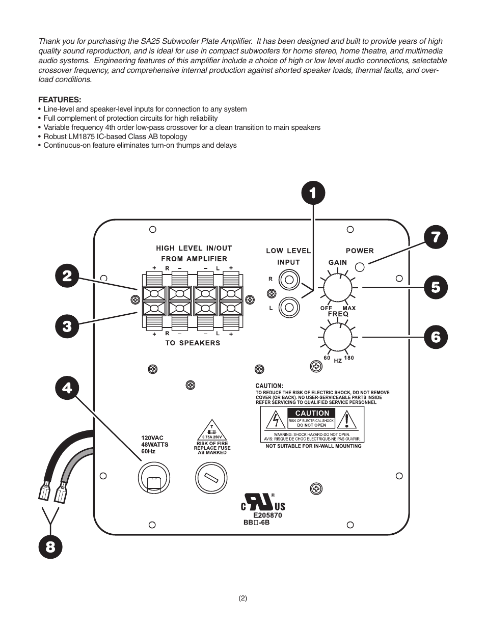 Dayton Audio SA25 25W Subwoofer Plate Amplifier User Manual | Page 2 / 4