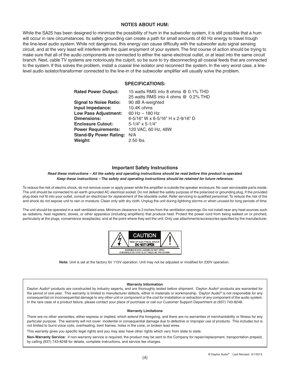 Dayton Audio SA25 25W Subwoofer Plate Amplifier User Manual | Page 4 / 4