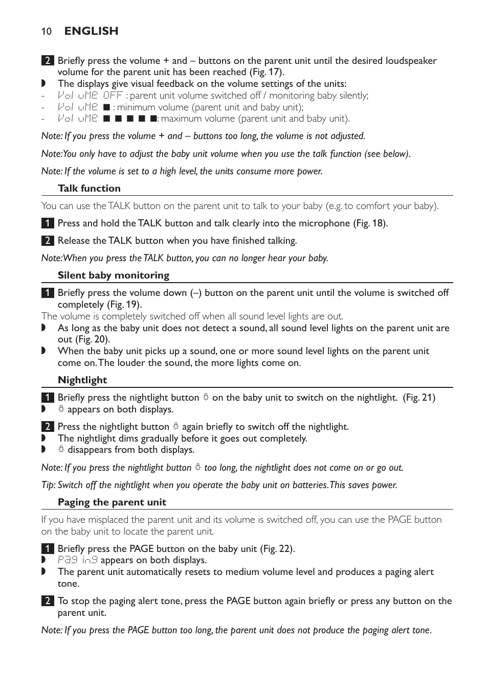 Talk function, Silent baby monitoring, Nightlight | Paging the parent unit | Philips SCD499 User Manual | Page 10 / 208