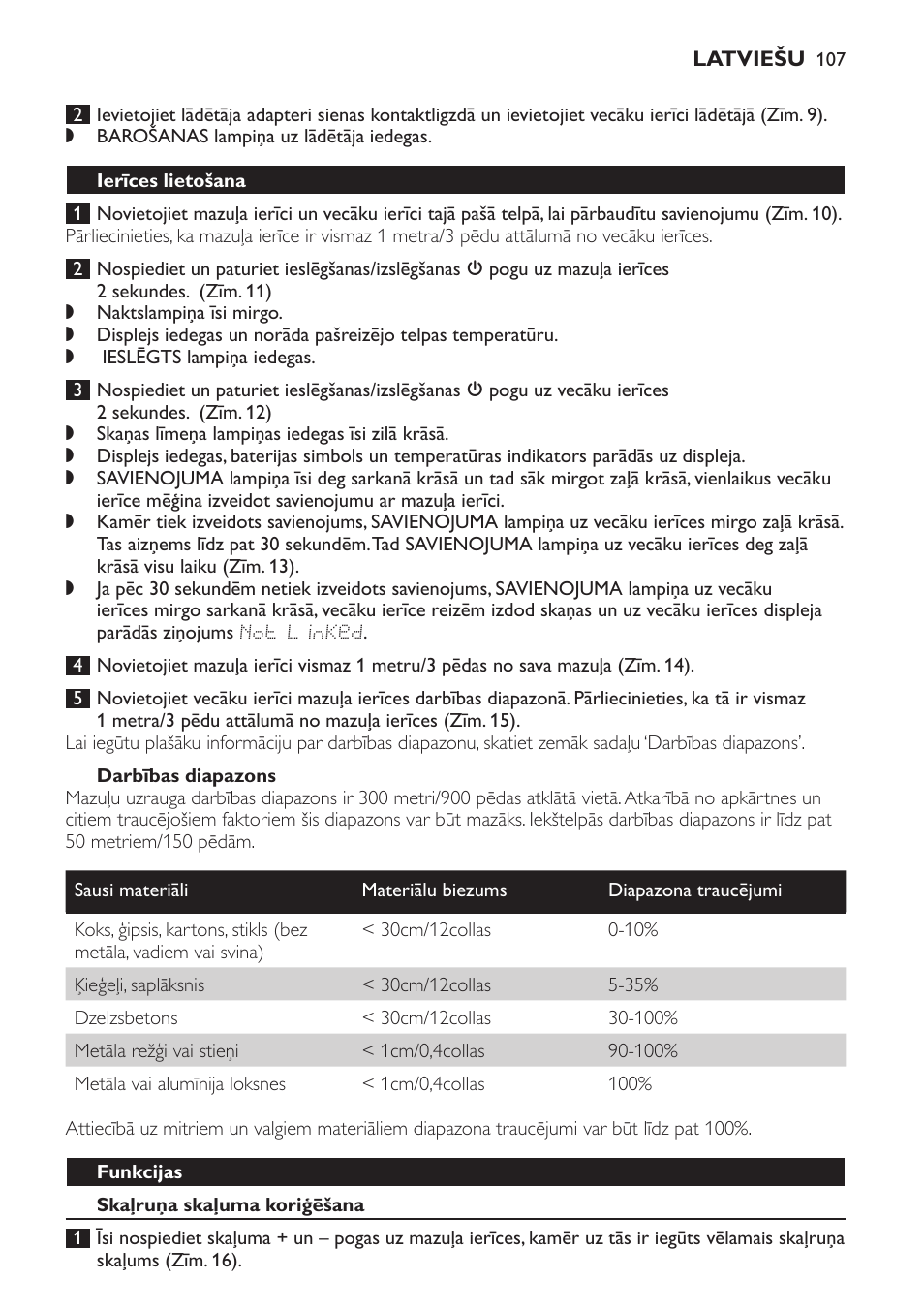 Darbības diapazons, Ierīces lietošana, Funkcijas | Skaļruņa skaļuma koriģēšana | Philips SCD499 User Manual | Page 107 / 208