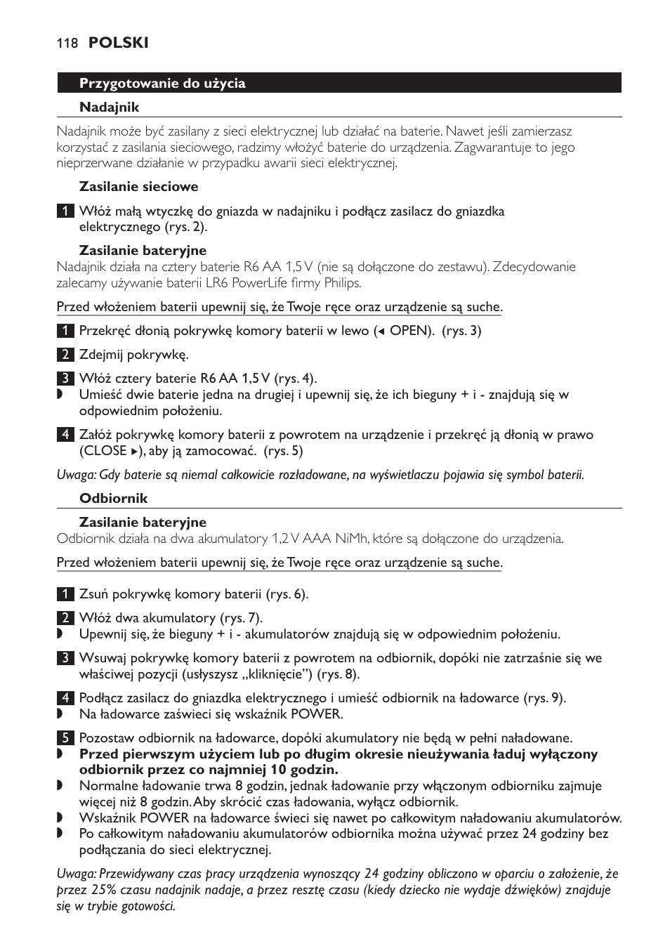 Przygotowanie do użycia, Nadajnik, Zasilanie sieciowe | Zasilanie bateryjne, Odbiornik | Philips SCD499 User Manual | Page 118 / 208