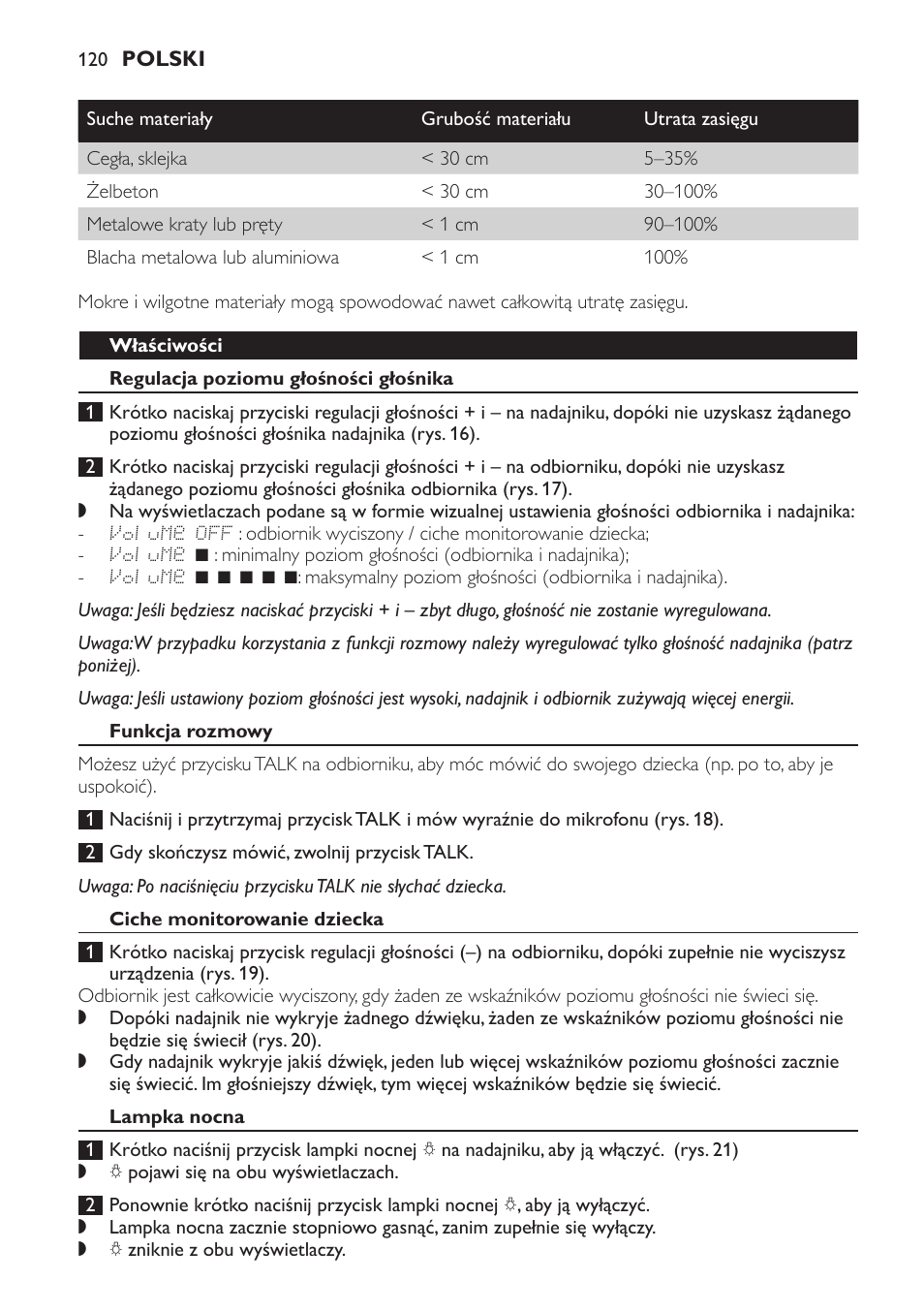 Właściwości, Regulacja poziomu głośności głośnika, Funkcja rozmowy | Ciche monitorowanie dziecka, Lampka nocna | Philips SCD499 User Manual | Page 120 / 208