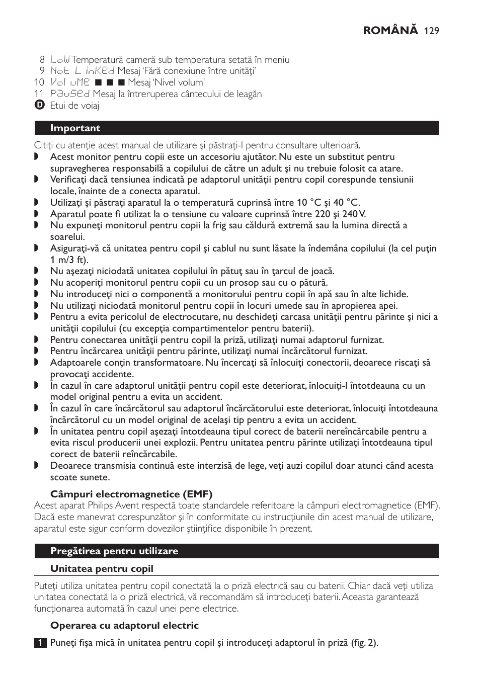 Câmpuri electromagnetice (emf), Important, Pregătirea pentru utilizare | Unitatea pentru copil, Operarea cu adaptorul electric | Philips SCD499 User Manual | Page 129 / 208