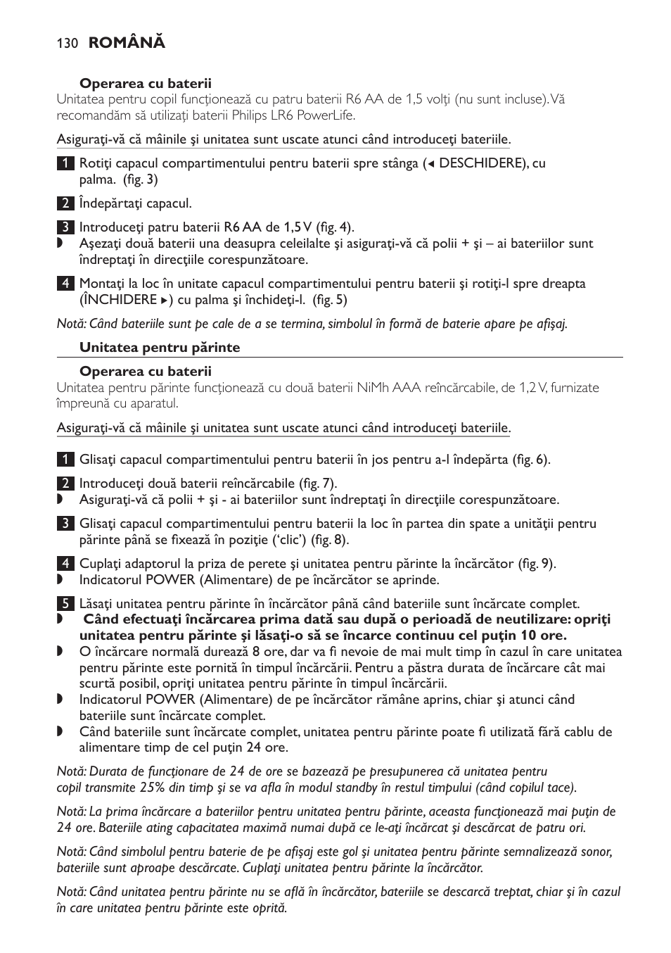 Operarea cu baterii, Unitatea pentru părinte | Philips SCD499 User Manual | Page 130 / 208