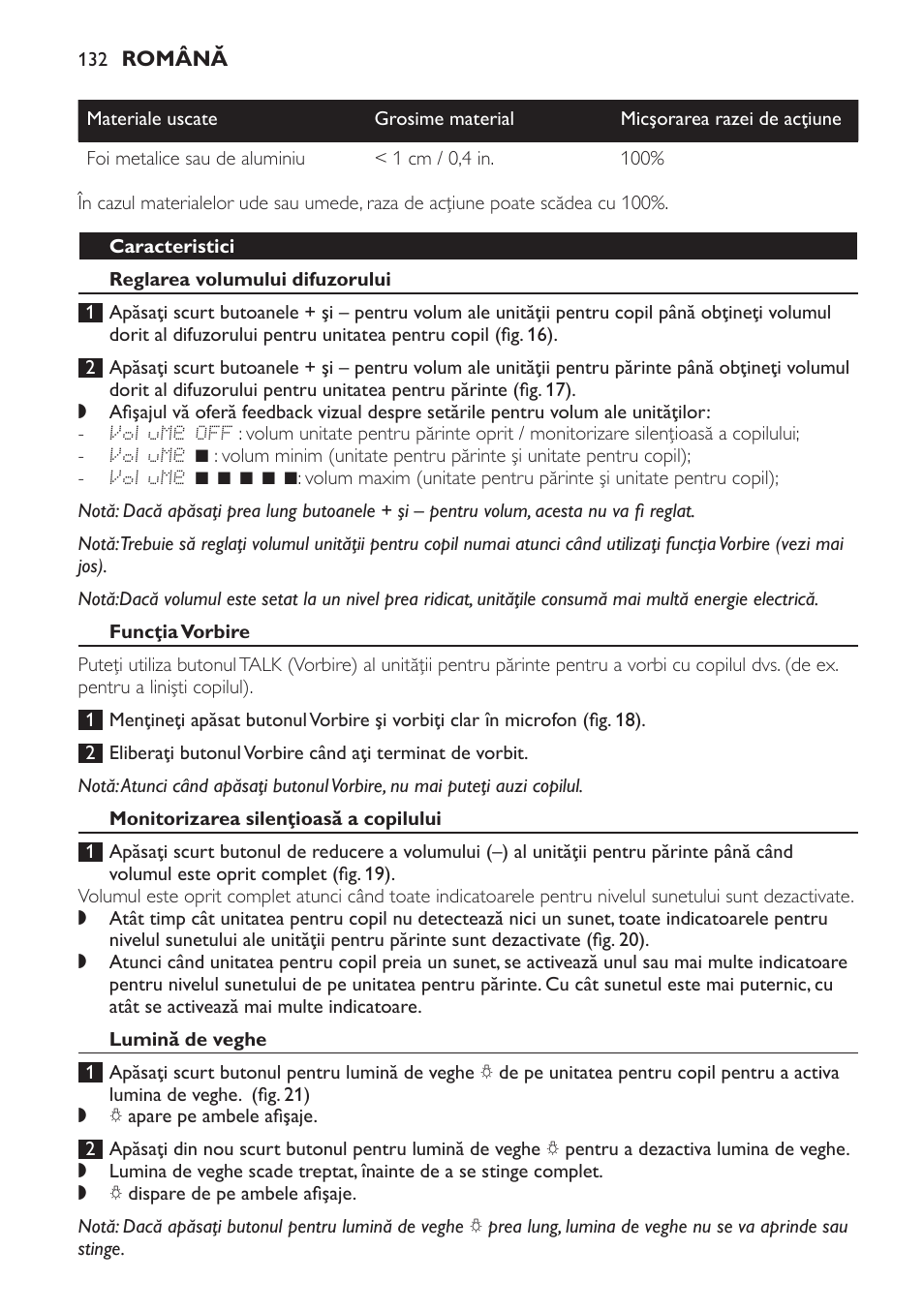 Caracteristici, Reglarea volumului difuzorului, Funcţia vorbire | Monitorizarea silenţioasă a copilului, Lumină de veghe | Philips SCD499 User Manual | Page 132 / 208