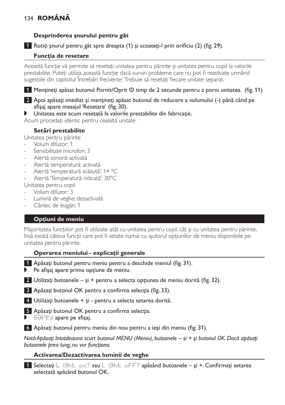 Desprinderea şnurului pentru gât, Funcţia de resetare, Setări prestabilite | Opţiuni de meniu, Operarea meniului - explicaţii generale, Activarea/dezactivarea luminii de veghe | Philips SCD499 User Manual | Page 134 / 208