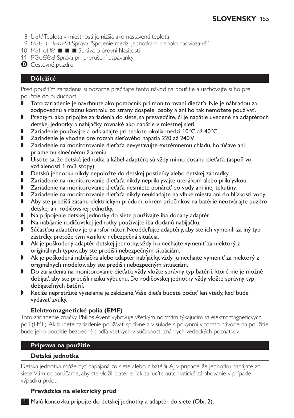 Elektromagnetické polia (emf), Dôležité, Príprava na použitie | Detská jednotka, Prevádzka na elektrický prúd | Philips SCD499 User Manual | Page 155 / 208