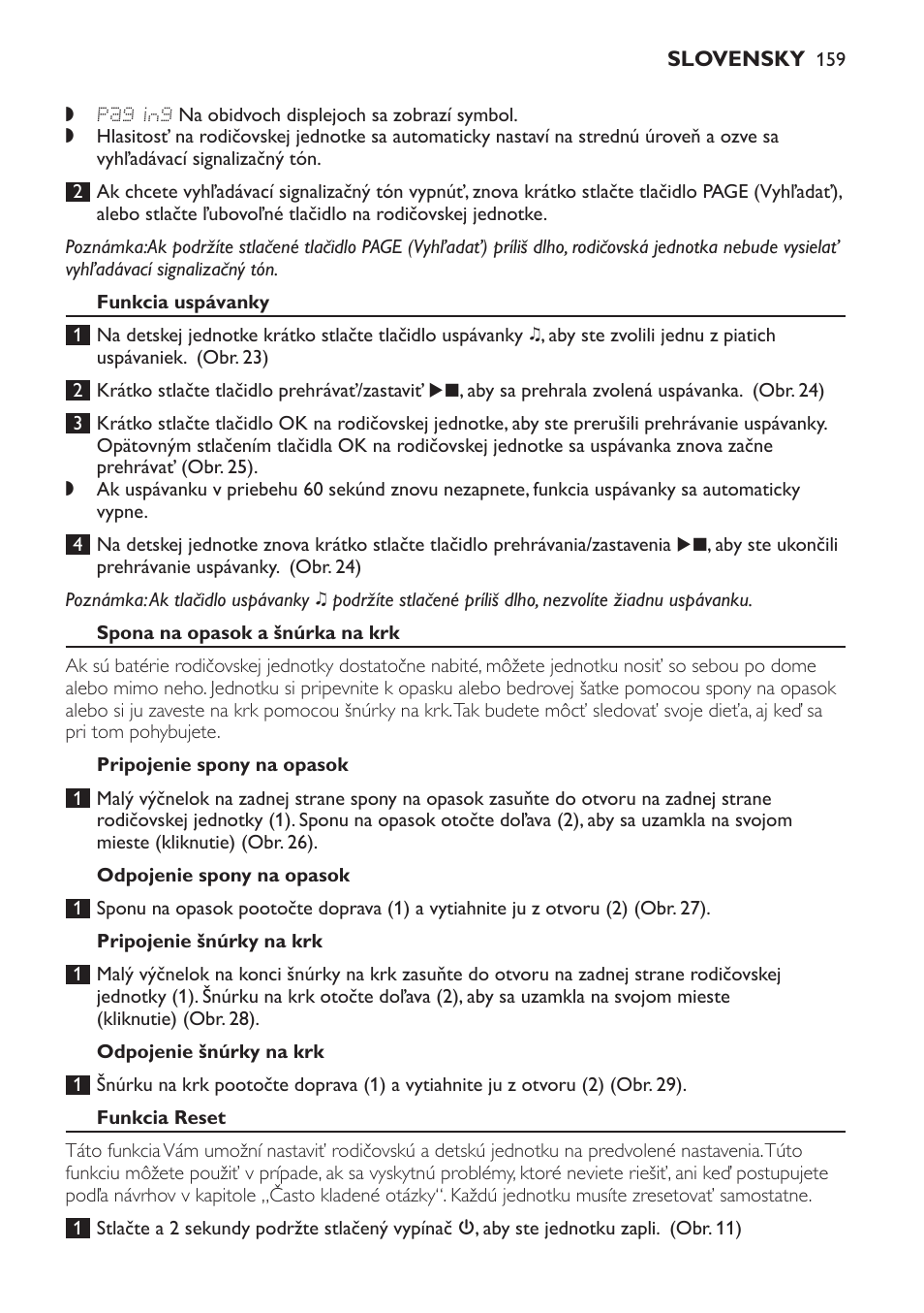 Funkcia uspávanky, Spona na opasok a šnúrka na krk, Pripojenie spony na opasok | Odpojenie spony na opasok, Pripojenie šnúrky na krk, Odpojenie šnúrky na krk, Funkcia reset | Philips SCD499 User Manual | Page 159 / 208