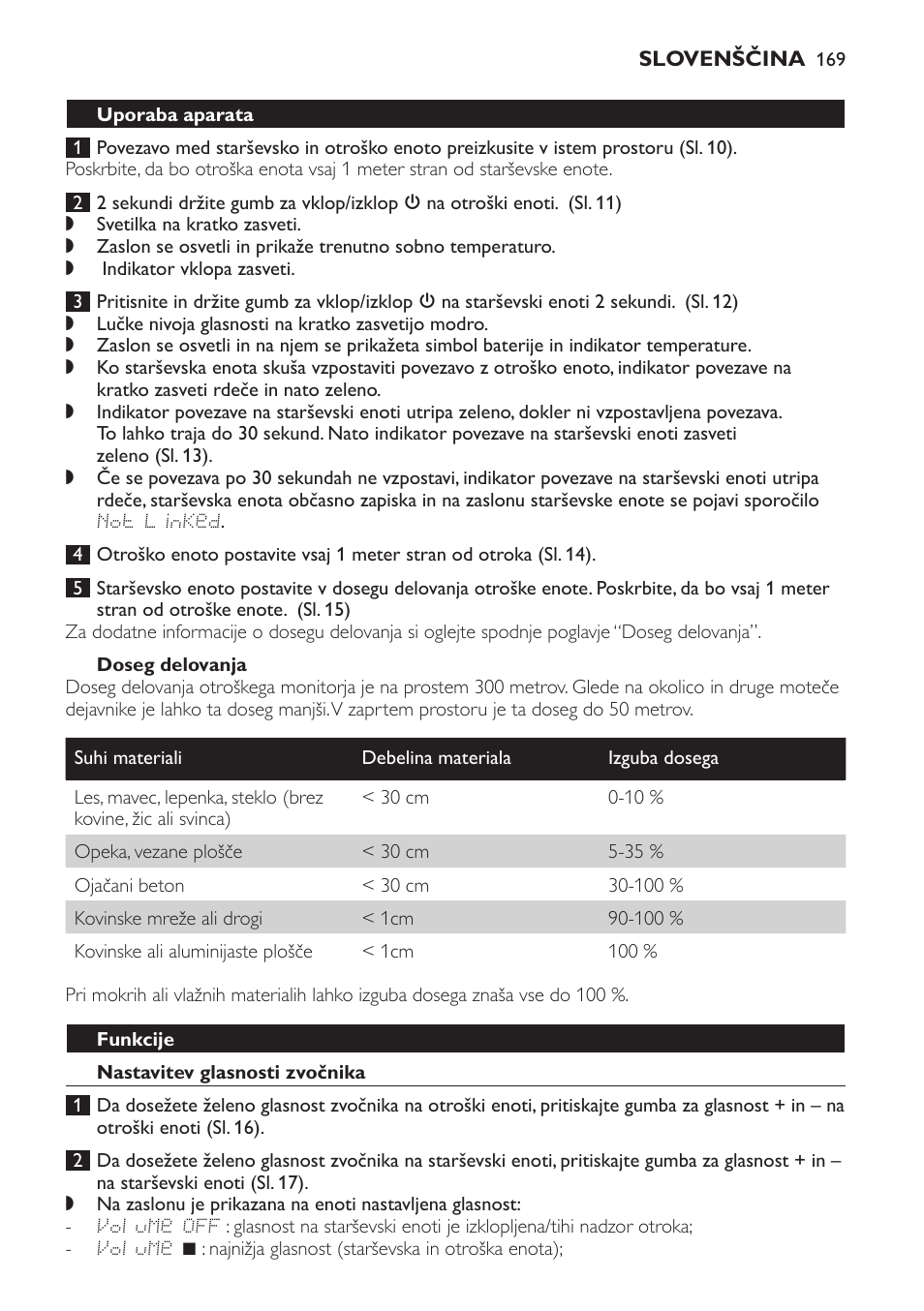 Doseg delovanja, Uporaba aparata, Funkcije | Nastavitev glasnosti zvočnika | Philips SCD499 User Manual | Page 169 / 208