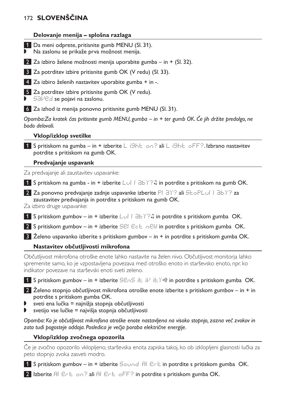 Delovanje menija – splošna razlaga, Vklop/izklop svetilke, Predvajanje uspavank | Nastavitev občutljivosti mikrofona, Vklop/izklop zvočnega opozorila | Philips SCD499 User Manual | Page 172 / 208