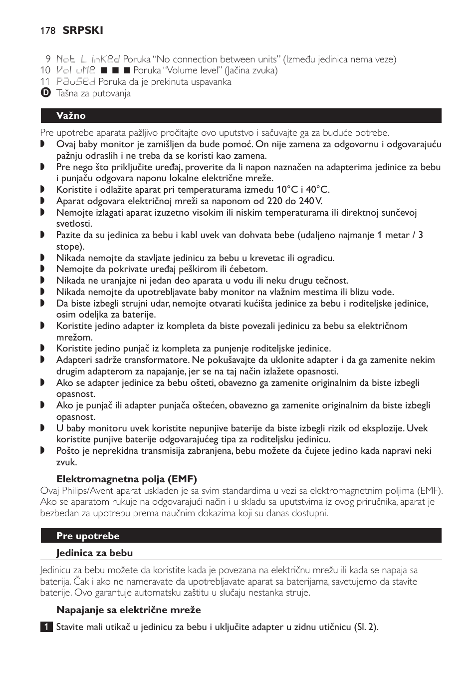 Elektromagnetna polja (emf), Važno, Pre upotrebe | Jedinica za bebu, Napajanje sa električne mreže | Philips SCD499 User Manual | Page 178 / 208