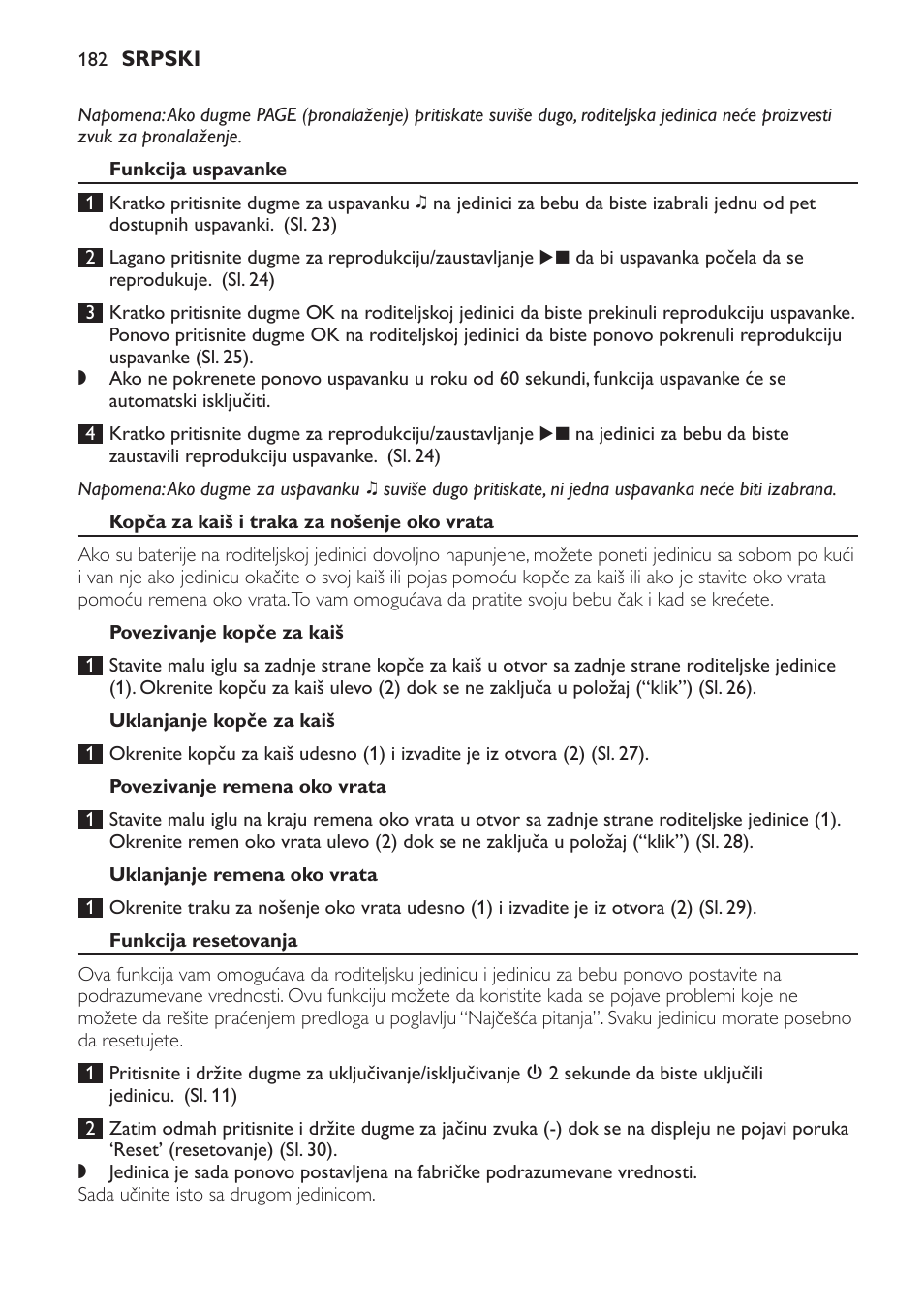 Funkcija uspavanke, Kopča za kaiš i traka za nošenje oko vrata, Povezivanje kopče za kaiš | Uklanjanje kopče za kaiš, Povezivanje remena oko vrata, Uklanjanje remena oko vrata, Funkcija resetovanja, Podrazumevane postavke | Philips SCD499 User Manual | Page 182 / 208