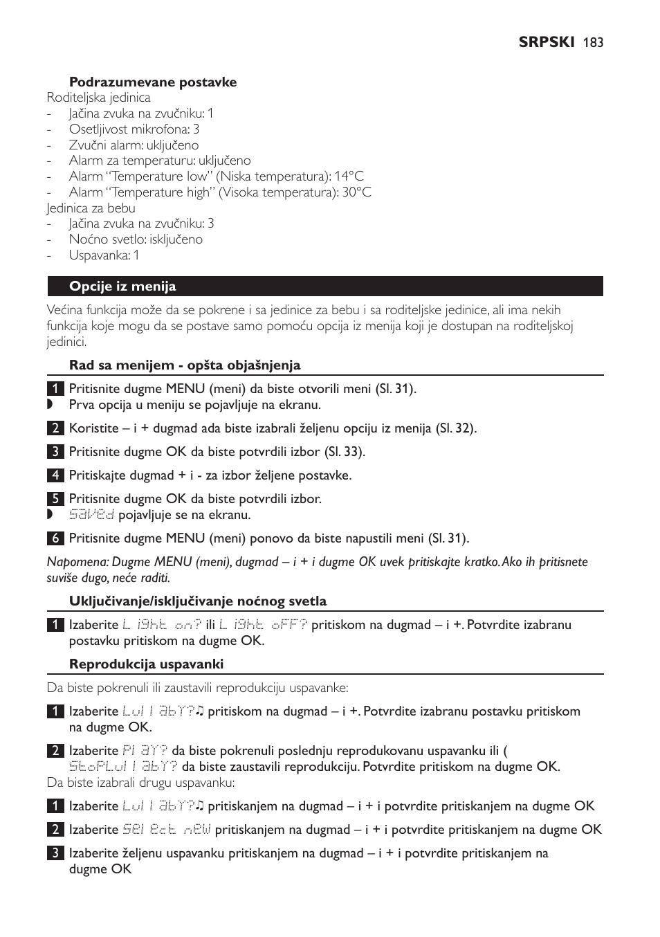 Opcije iz menija, Rad sa menijem - opšta objašnjenja, Uključivanje/isključivanje noćnog svetla | Reprodukcija uspavanki | Philips SCD499 User Manual | Page 183 / 208
