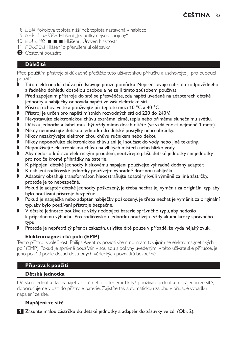 Elektromagnetická pole (emp), Důležité, Příprava k použití | Dětská jednotka, Napájení ze sítě | Philips SCD499 User Manual | Page 33 / 208