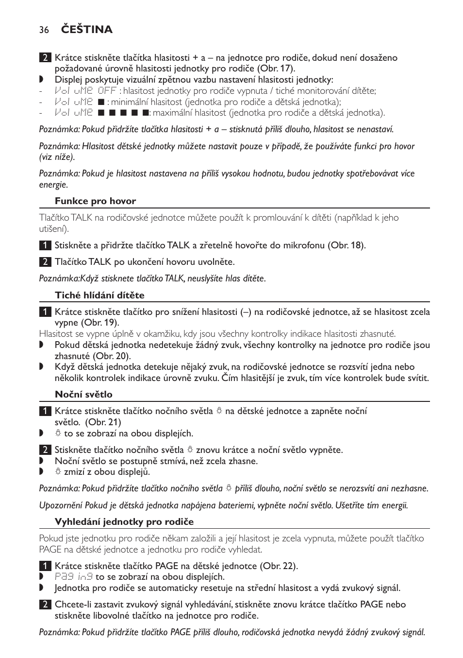 Funkce pro hovor, Tiché hlídání dítěte, Noční světlo | Vyhledání jednotky pro rodiče | Philips SCD499 User Manual | Page 36 / 208