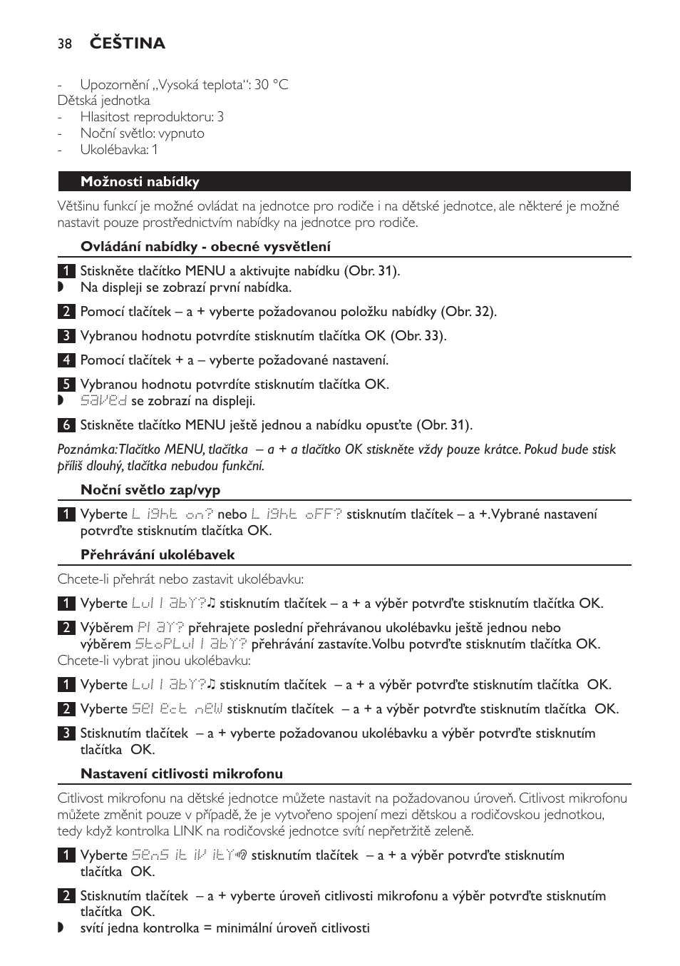 Možnosti nabídky, Ovládání nabídky - obecné vysvětlení, Noční světlo zap/vyp | Přehrávání ukolébavek, Nastavení citlivosti mikrofonu | Philips SCD499 User Manual | Page 38 / 208