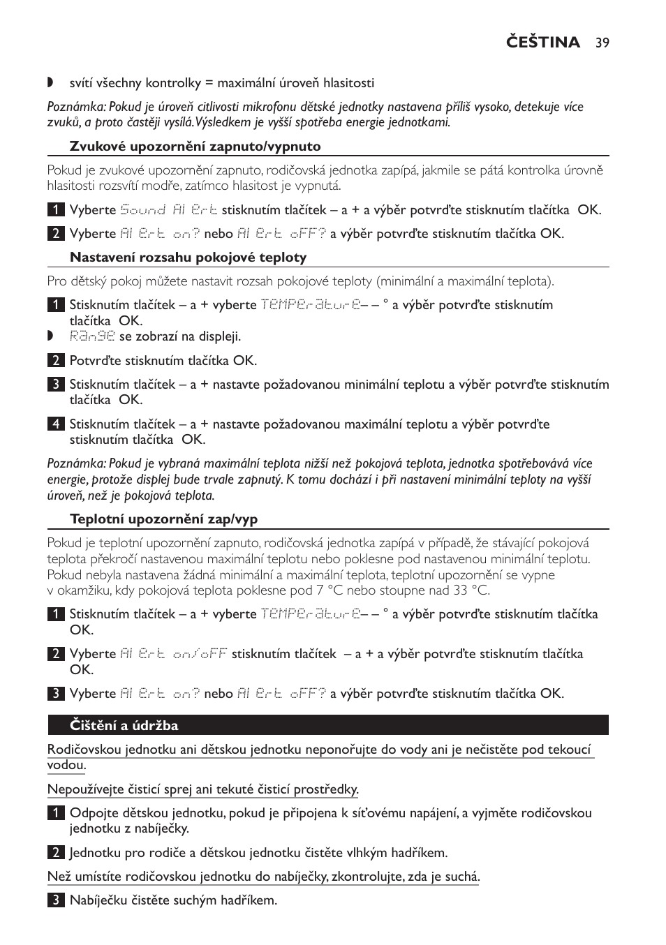 Zvukové upozornění zapnuto/vypnuto, Nastavení rozsahu pokojové teploty, Teplotní upozornění zap/vyp | Čištění a údržba | Philips SCD499 User Manual | Page 39 / 208