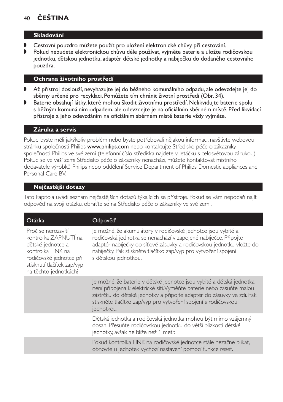 Skladování, Ochrana životního prostředí, Záruka a servis | Nejčastější dotazy | Philips SCD499 User Manual | Page 40 / 208