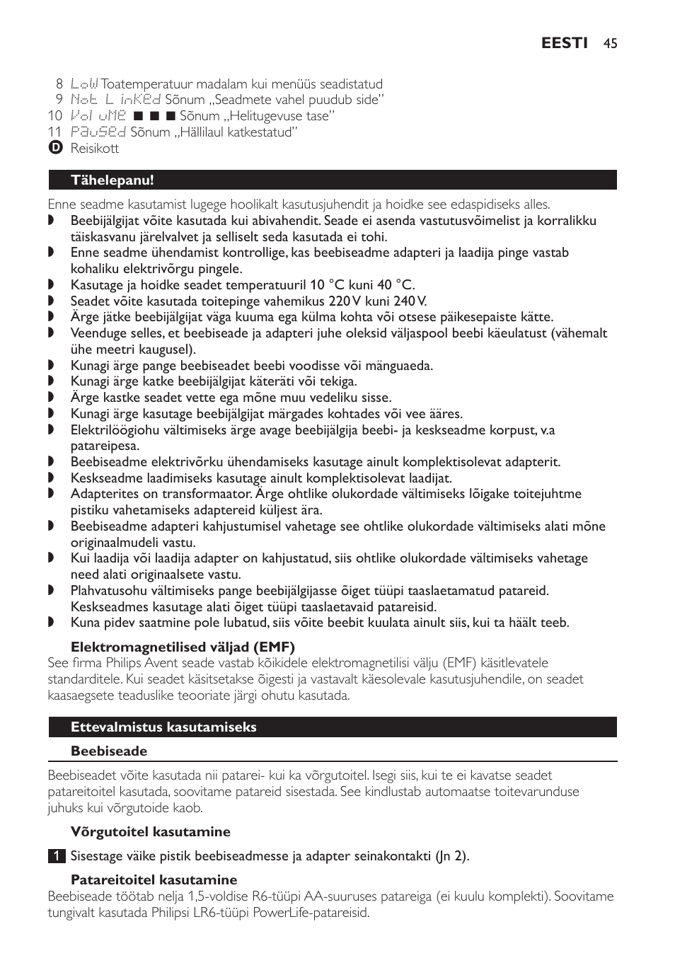 Elektromagnetilised väljad (emf), Tähelepanu, Ettevalmistus kasutamiseks | Beebiseade, Võrgutoitel kasutamine, Patareitoitel kasutamine | Philips SCD499 User Manual | Page 45 / 208