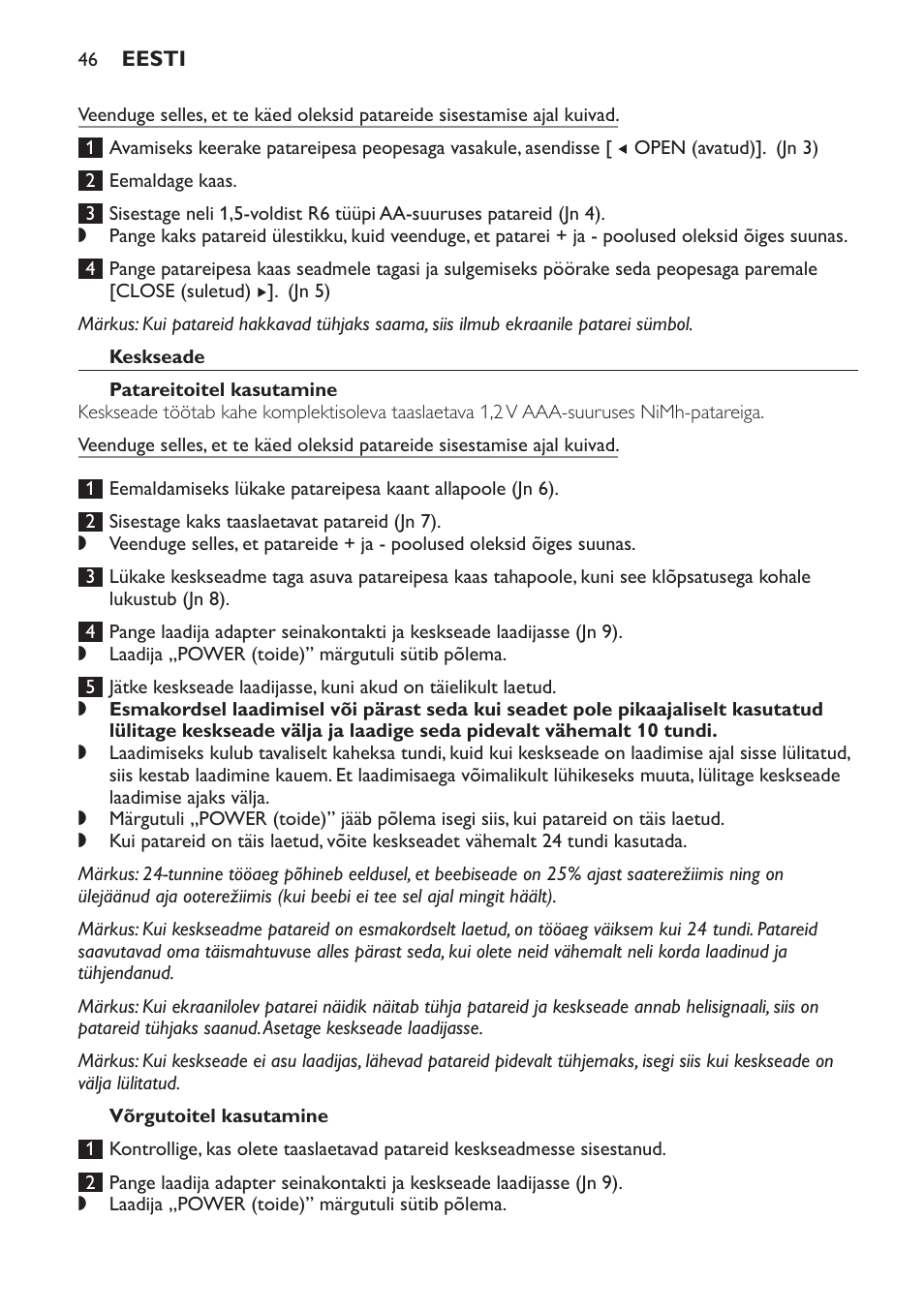 Keskseade, Patareitoitel kasutamine, Võrgutoitel kasutamine | Philips SCD499 User Manual | Page 46 / 208