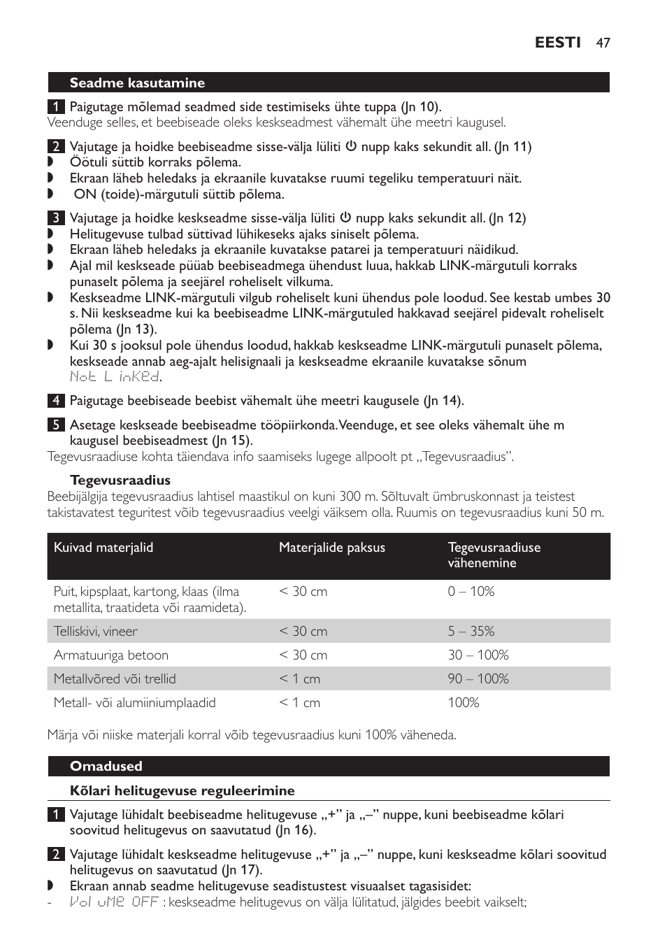 Tegevusraadius, Seadme kasutamine, Omadused | Kõlari helitugevuse reguleerimine | Philips SCD499 User Manual | Page 47 / 208