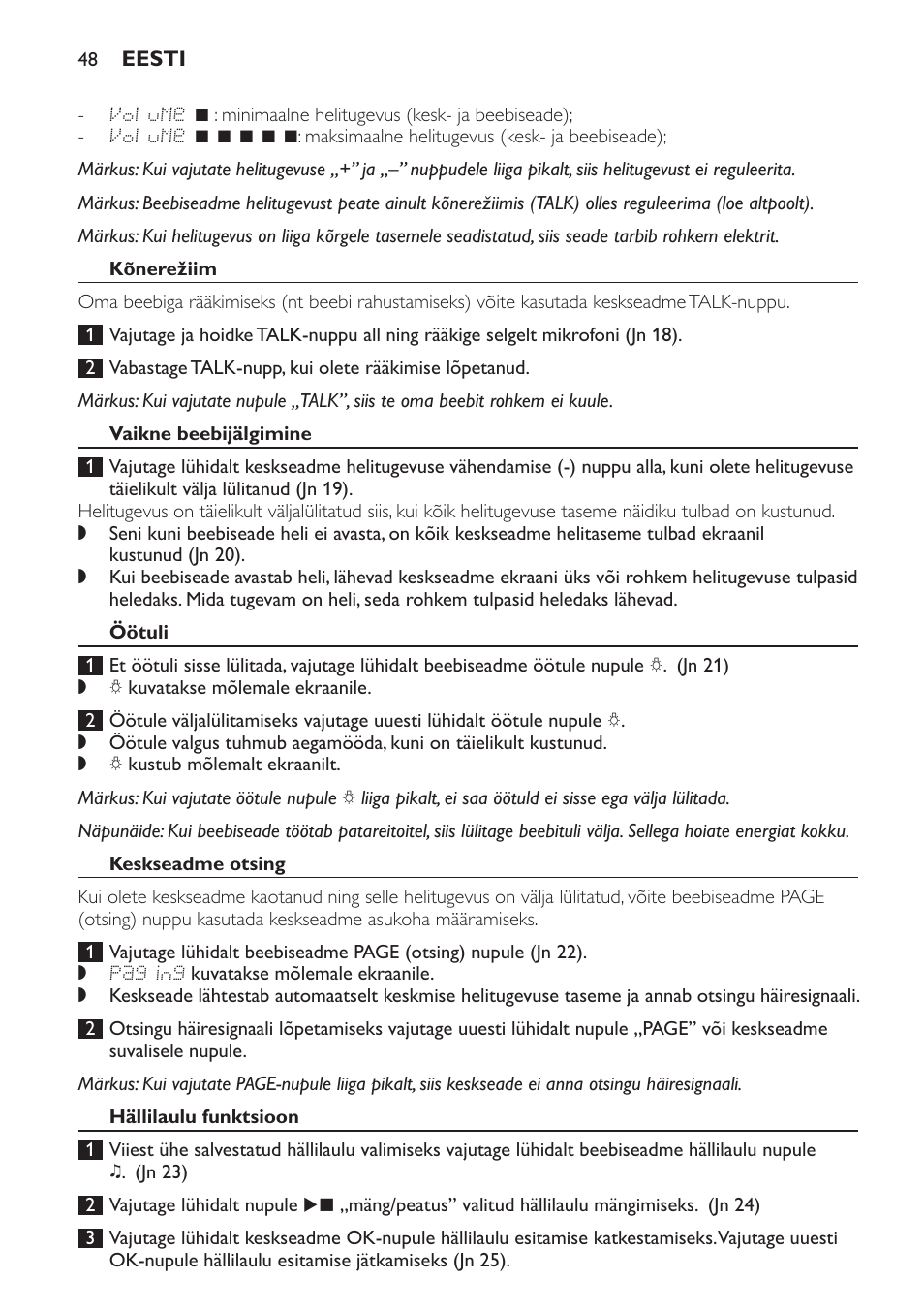 Kõnerežiim, Vaikne beebijälgimine, Öötuli | Keskseadme otsing, Hällilaulu funktsioon | Philips SCD499 User Manual | Page 48 / 208