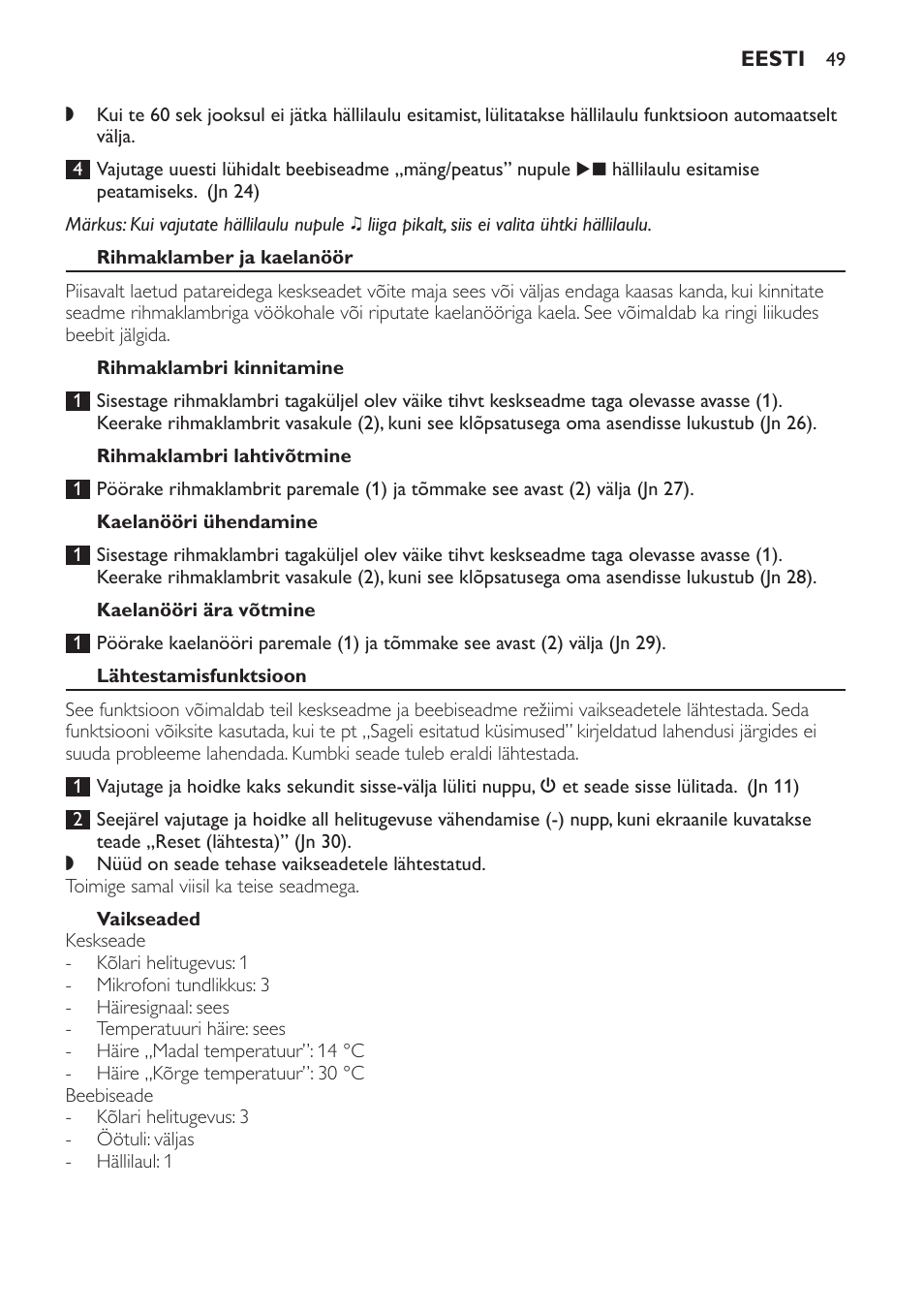 Rihmaklamber ja kaelanöör, Rihmaklambri kinnitamine, Rihmaklambri lahtivõtmine | Kaelanööri ühendamine, Kaelanööri ära võtmine, Lähtestamisfunktsioon, Vaikseaded, Menüü valikud | Philips SCD499 User Manual | Page 49 / 208