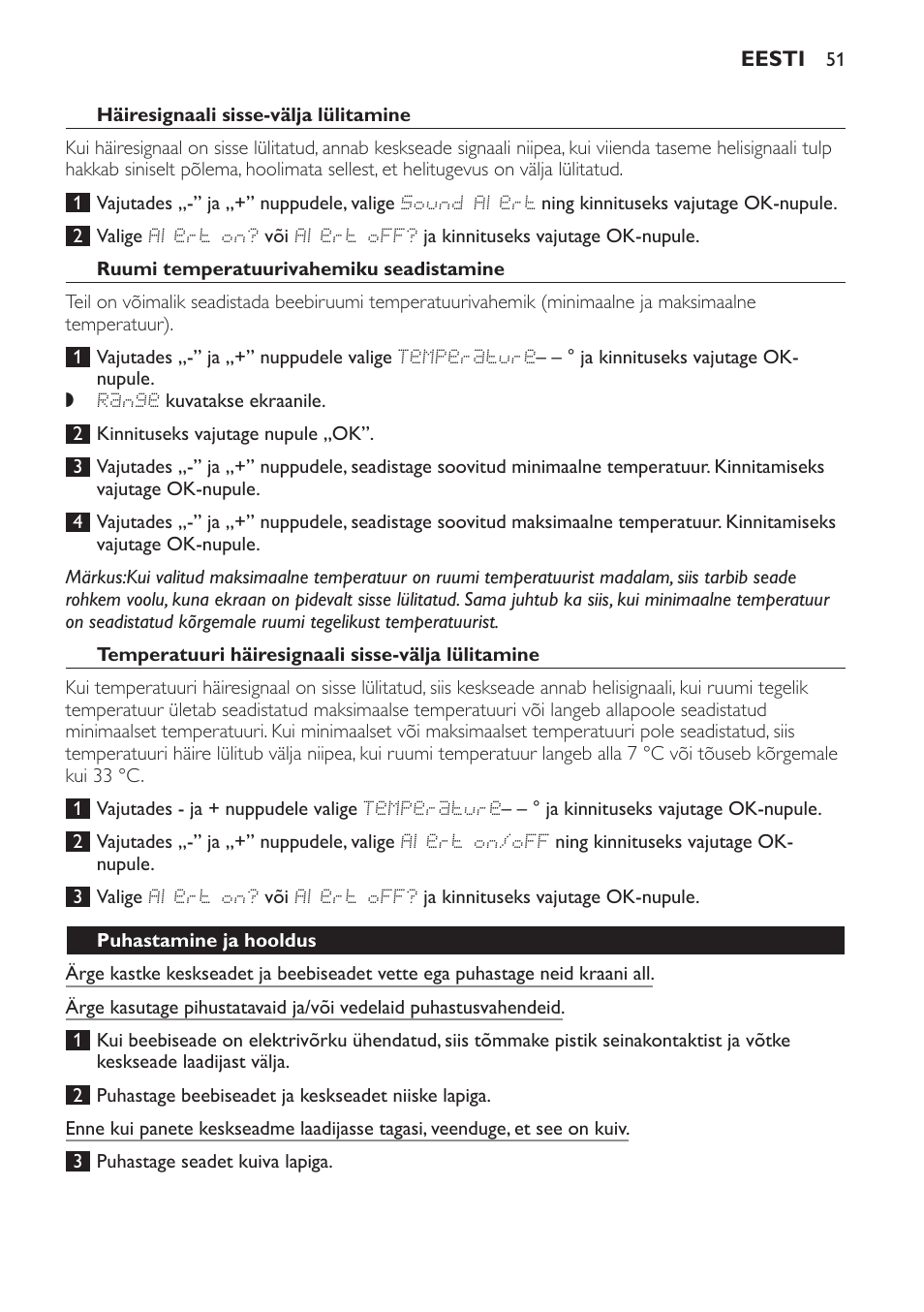 Ruumi temperatuurivahemiku seadistamine, Temperatuuri häiresignaali sisse-välja lülitamine, Puhastamine ja hooldus | Hoidmine, Keskkonnakaitse | Philips SCD499 User Manual | Page 51 / 208