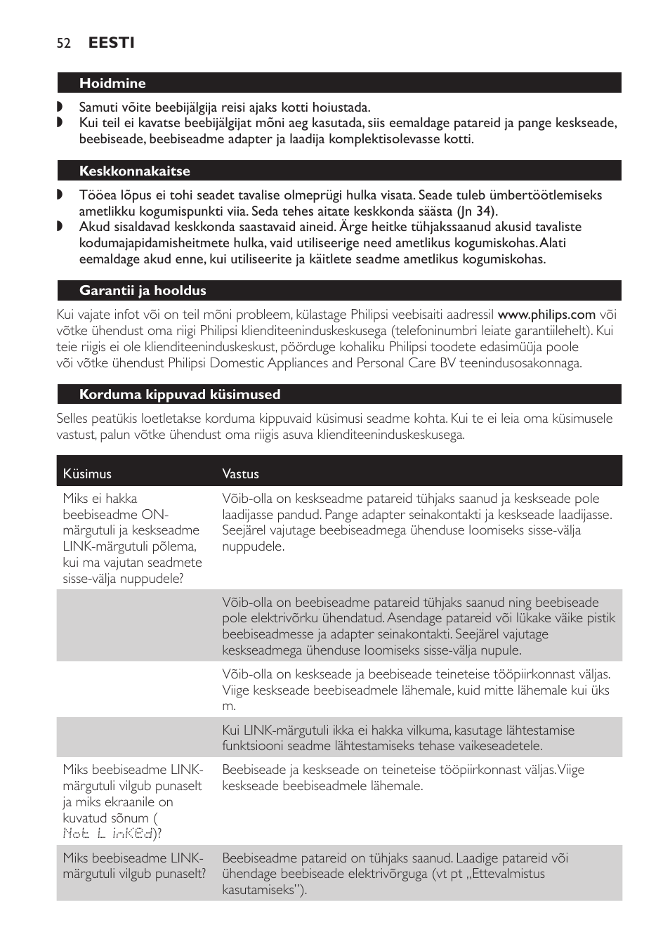 Garantii ja hooldus, Korduma kippuvad küsimused | Philips SCD499 User Manual | Page 52 / 208