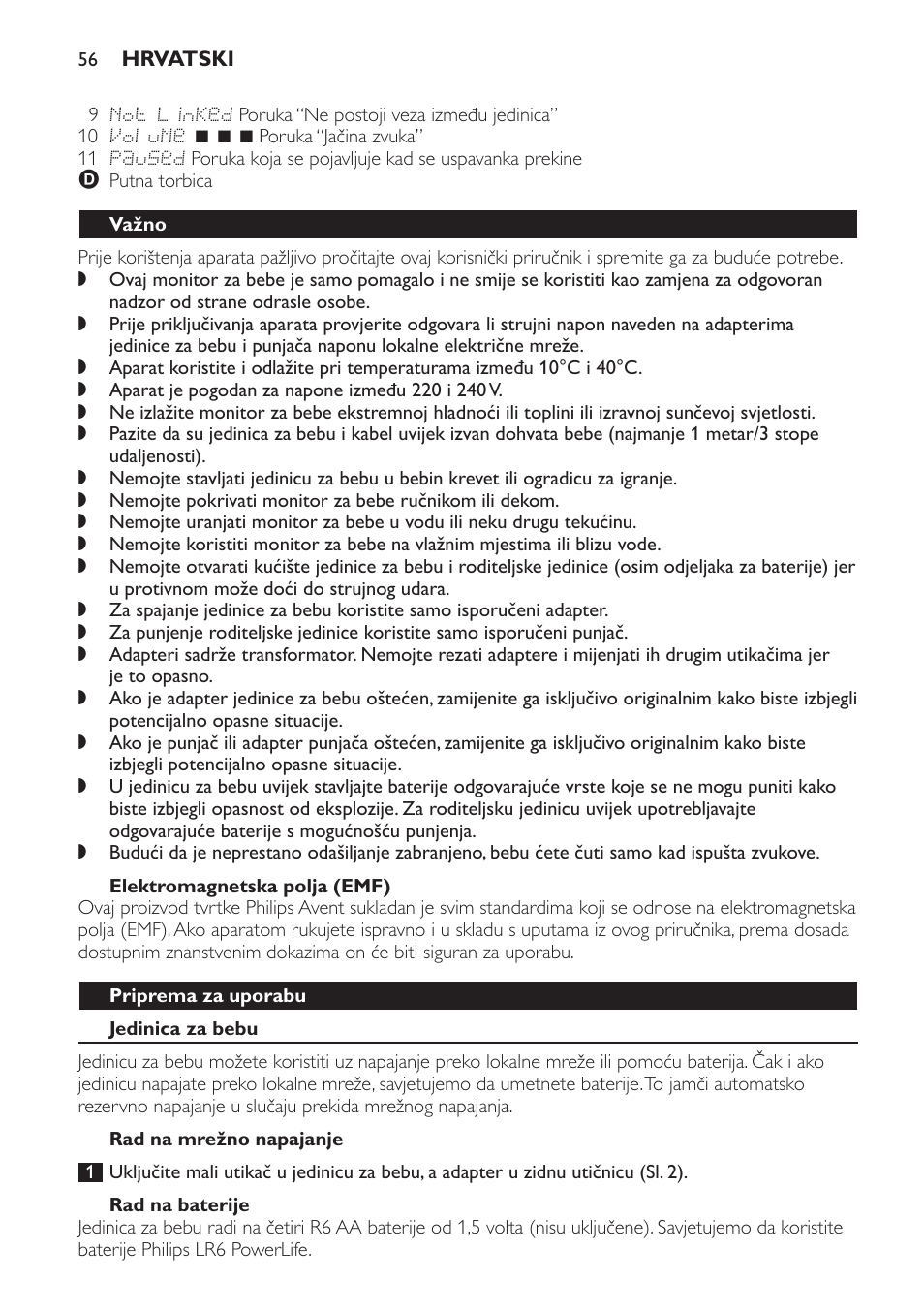 Elektromagnetska polja (emf), Važno, Priprema za uporabu | Jedinica za bebu, Rad na mrežno napajanje, Rad na baterije | Philips SCD499 User Manual | Page 56 / 208