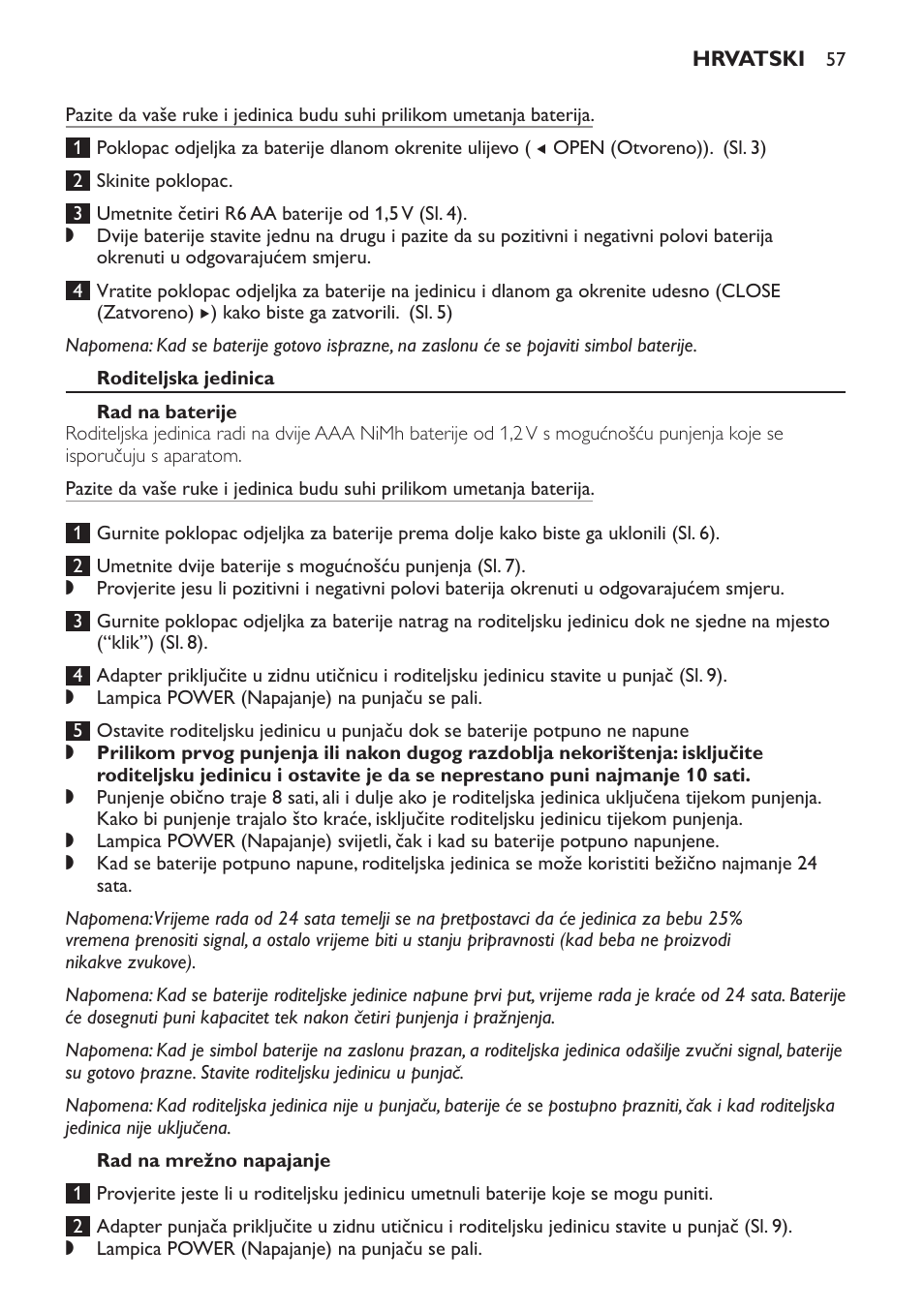 Roditeljska jedinica, Rad na baterije, Rad na mrežno napajanje | Philips SCD499 User Manual | Page 57 / 208