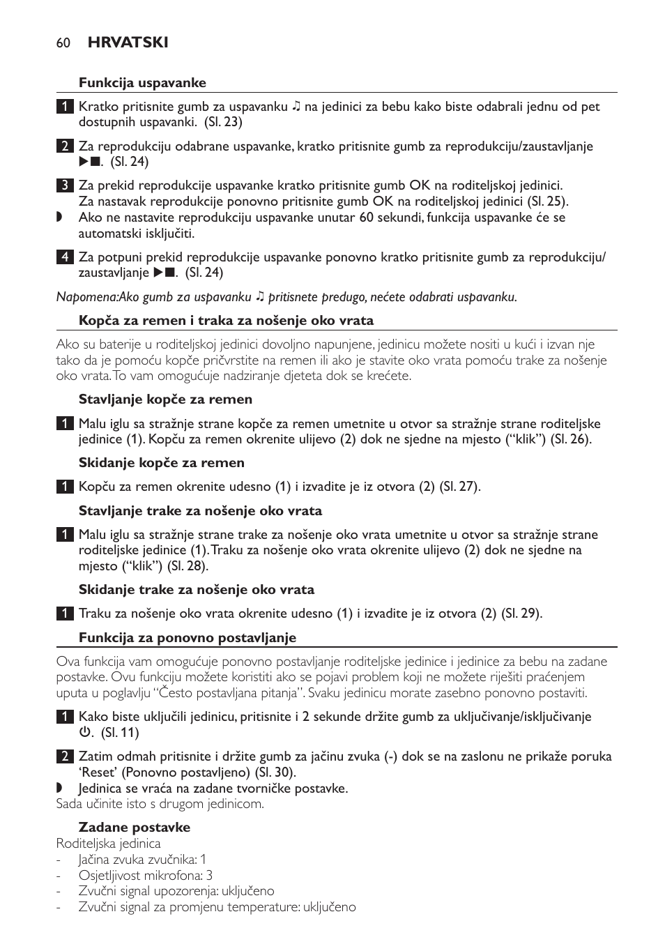 Funkcija uspavanke, Kopča za remen i traka za nošenje oko vrata, Stavljanje kopče za remen | Skidanje kopče za remen, Stavljanje trake za nošenje oko vrata, Skidanje trake za nošenje oko vrata, Funkcija za ponovno postavljanje, Zadane postavke | Philips SCD499 User Manual | Page 60 / 208