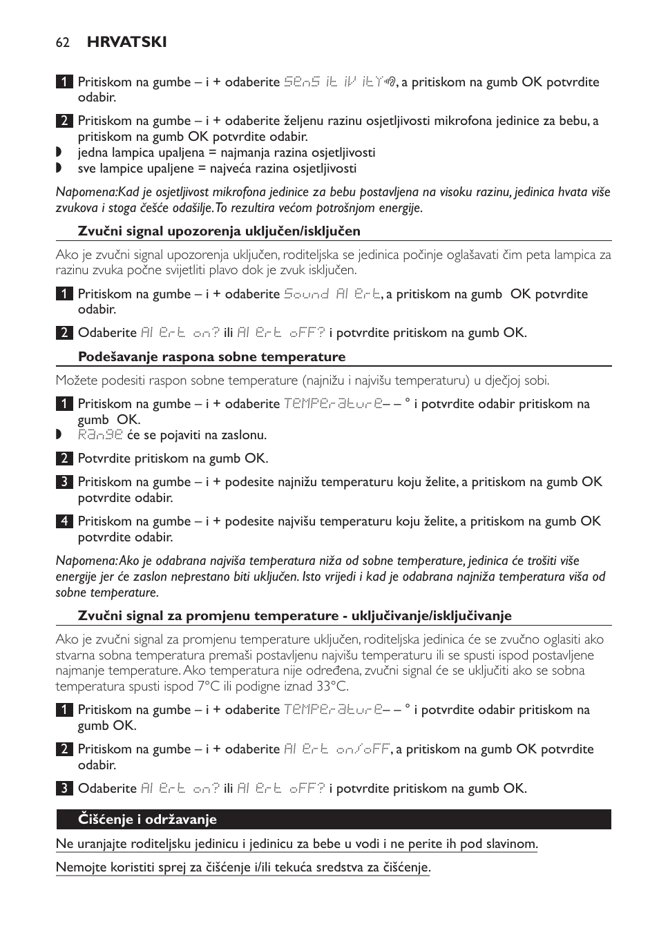 Zvučni signal upozorenja uključen/isključen, Podešavanje raspona sobne temperature, Čišćenje i održavanje | Philips SCD499 User Manual | Page 62 / 208