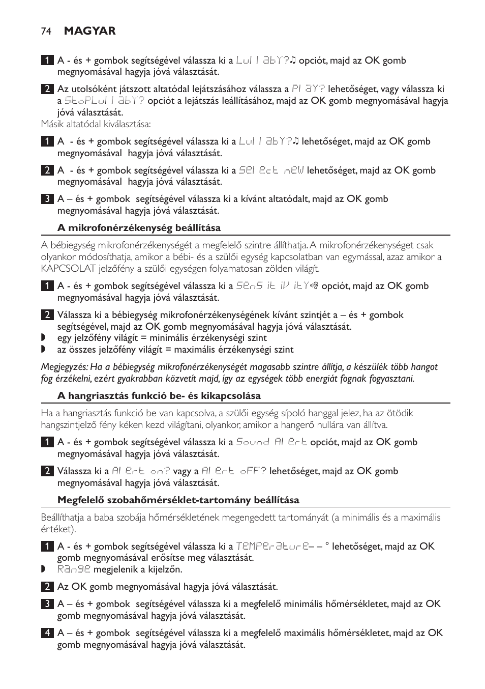 A mikrofonérzékenység beállítása, A hangriasztás funkció be- és kikapcsolása, Megfelelő szobahőmérséklet-tartomány beállítása | Philips SCD499 User Manual | Page 74 / 208