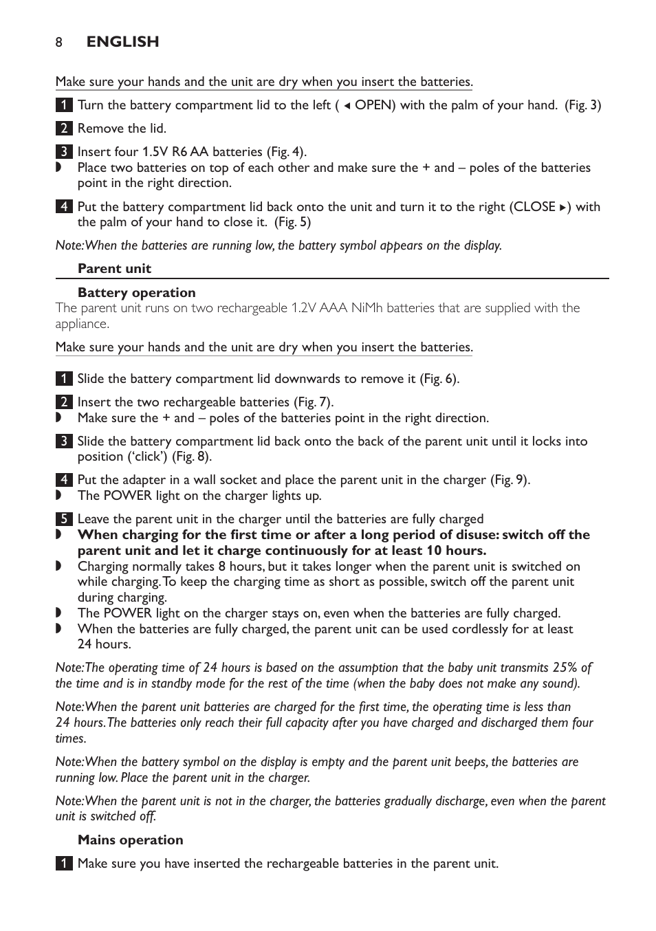 Parent unit, Battery operation, Mains operation | Philips SCD499 User Manual | Page 8 / 208