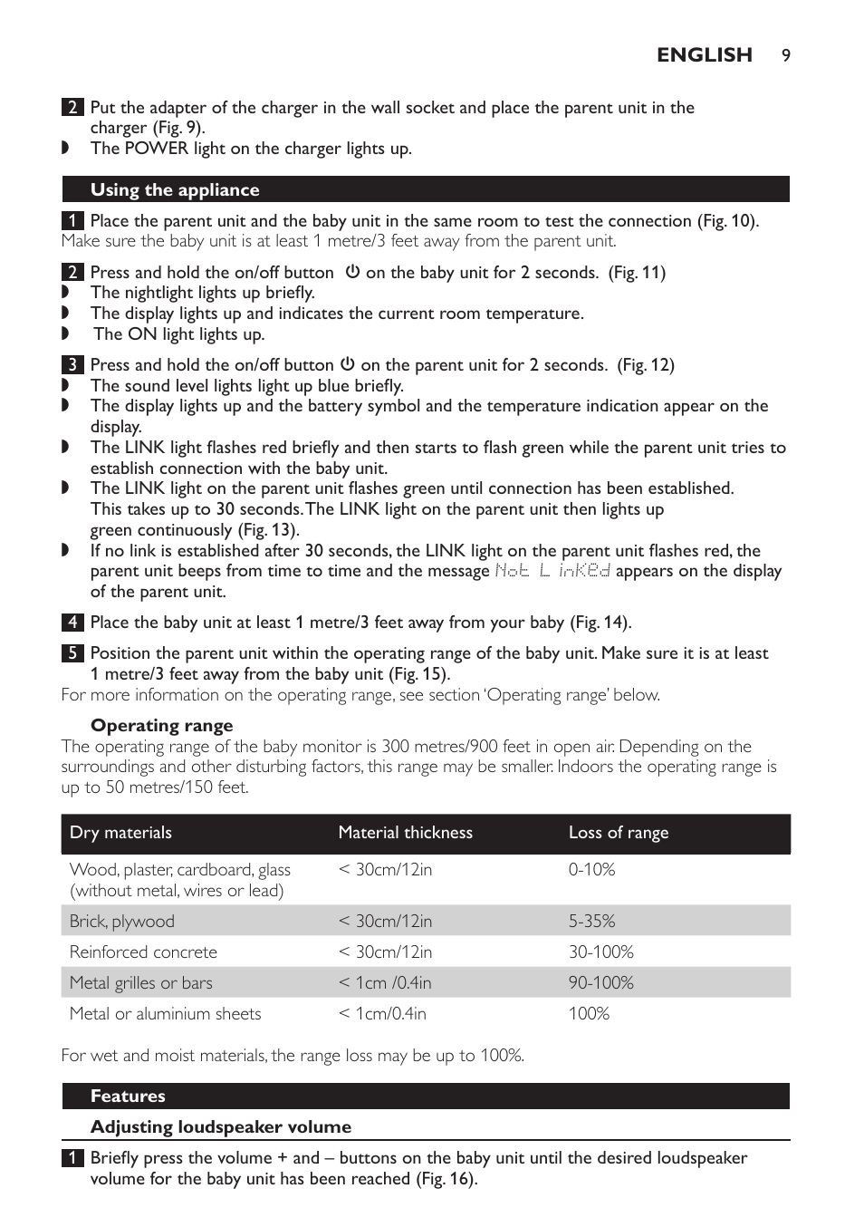 Operating range, Using the appliance, Features | Adjusting loudspeaker volume | Philips SCD499 User Manual | Page 9 / 208