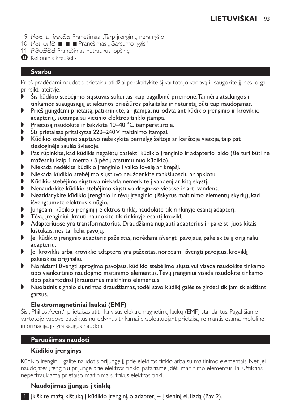 Elektromagnetiniai laukai (emf), Svarbu, Paruošimas naudoti | Kūdikio įrenginys, Naudojimas įjungus į tinklą | Philips SCD499 User Manual | Page 93 / 208