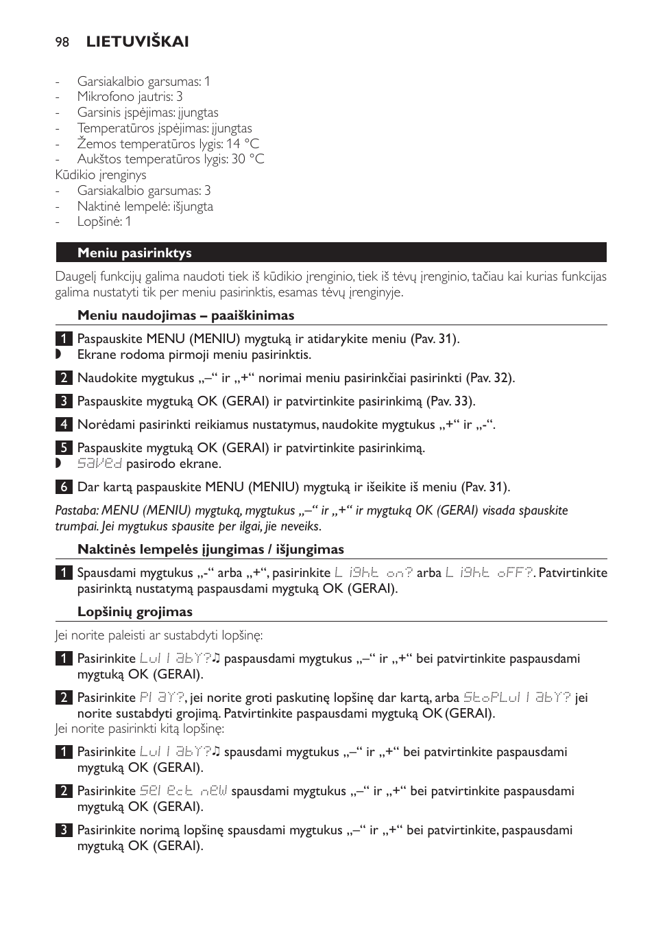 Meniu pasirinktys, Meniu naudojimas – paaiškinimas, Naktinės lempelės įjungimas / išjungimas | Lopšinių grojimas | Philips SCD499 User Manual | Page 98 / 208