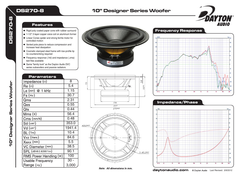 Dayton Audio DS270-8 10" Designer Series Woofer Speaker User Manual | 1 page