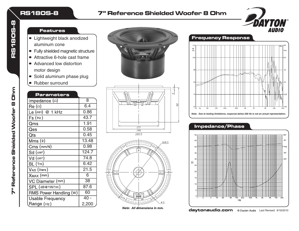 Dayton Audio RS180S-8 7" Reference Shielded Woofer 8 Ohm User Manual | 1 page
