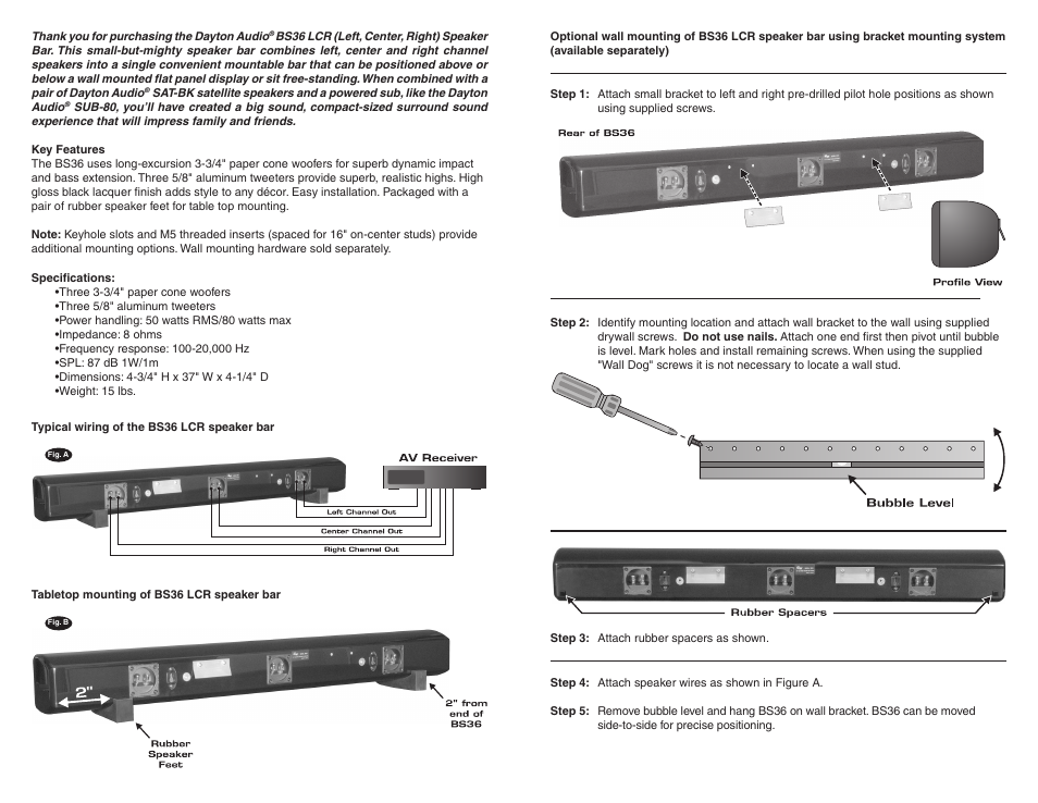 Dayton Audio BS36 36" LCR Speaker Bar Black User Manual | Page 2 / 2