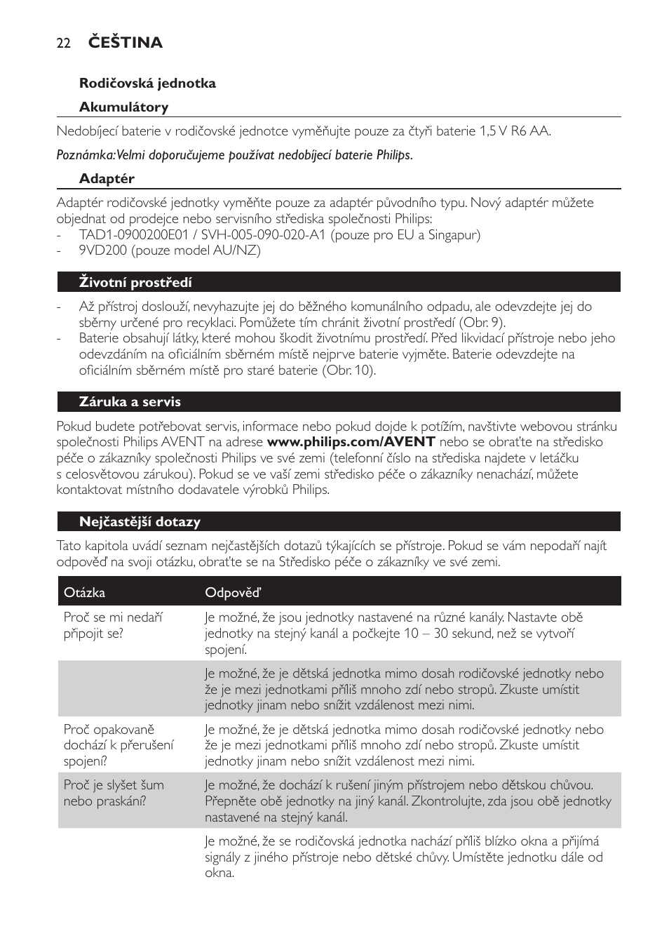 Rodičovská jednotka, Akumulátory, Adaptér | Životní prostředí, Záruka a servis, Nejčastější dotazy | Philips SCD470 User Manual | Page 22 / 104