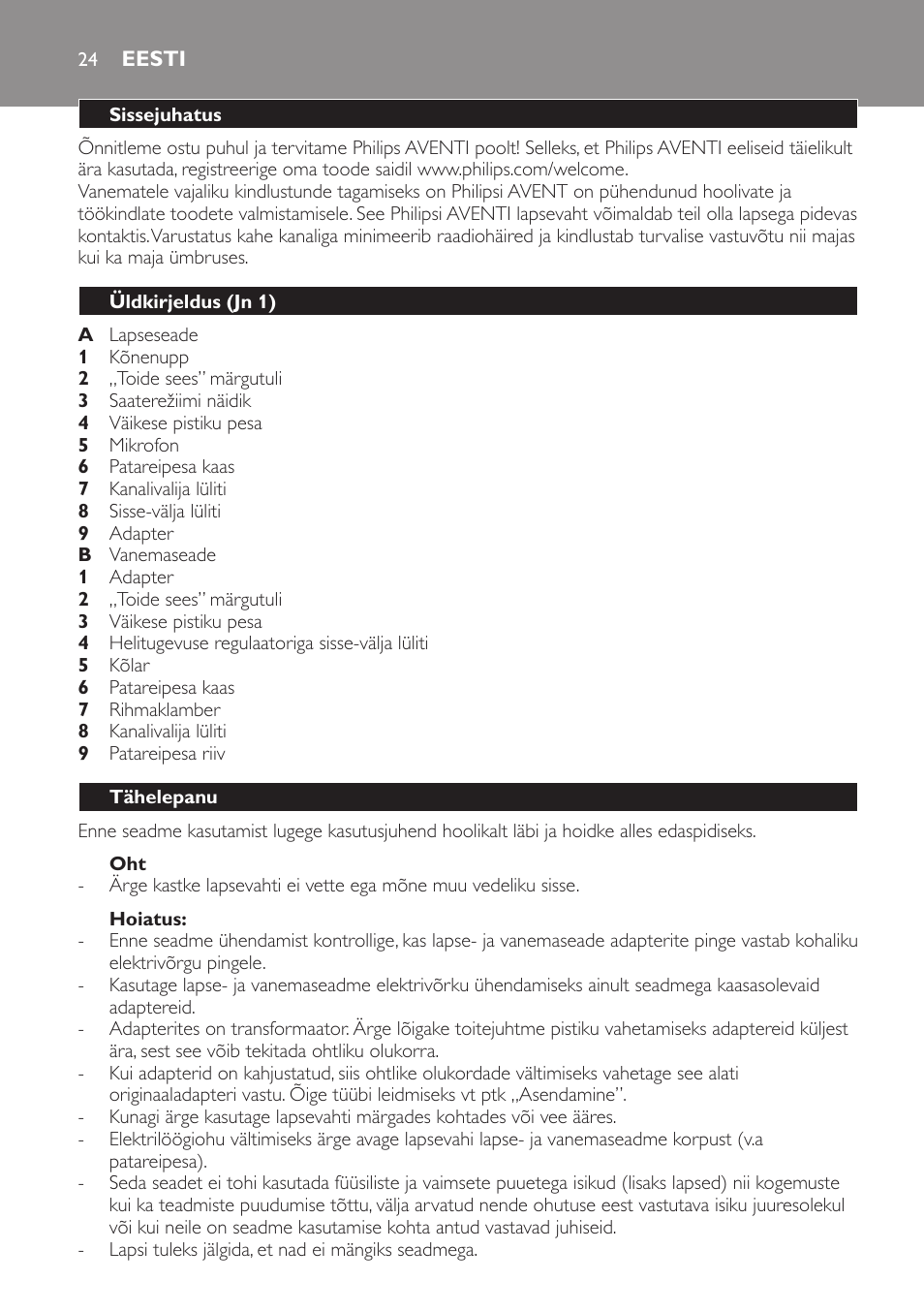 Hoiatus, Eesti, Sissejuhatus | Üldkirjeldus (jn 1), Tähelepanu | Philips SCD470 User Manual | Page 24 / 104