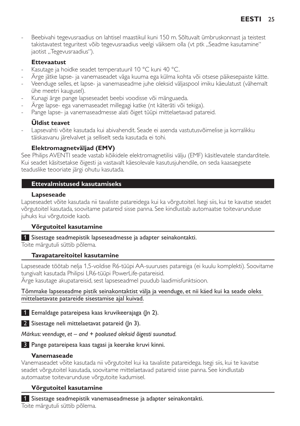 Ettevaatust, Üldist teavet, Elektromagnetväljad (emv) | Lapseseade, Ettevalmistused kasutamiseks, Võrgutoitel kasutamine, Tavapatareitoitel kasutamine, Vanemaseade | Philips SCD470 User Manual | Page 25 / 104